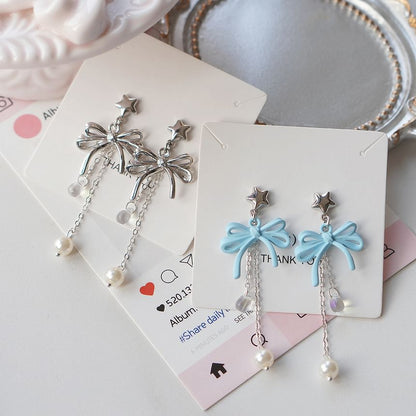 Faux Silver Earring 925 Sterling Bow / Pearl Drop Clip-On