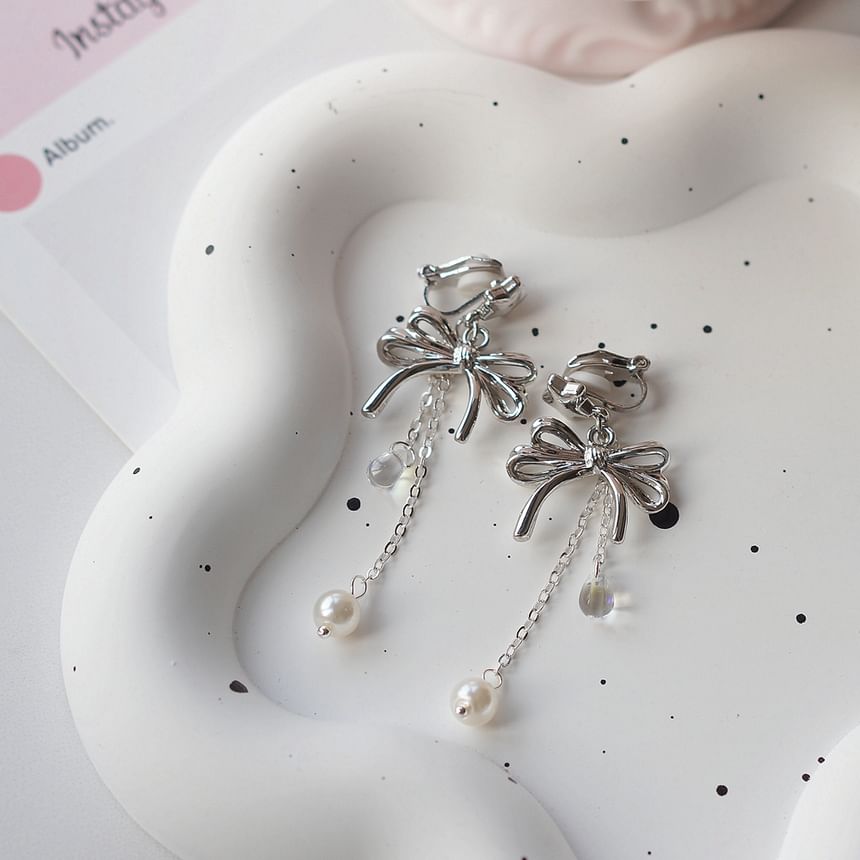 Faux Silver Earring 925 Sterling Bow / Pearl Drop Clip-On