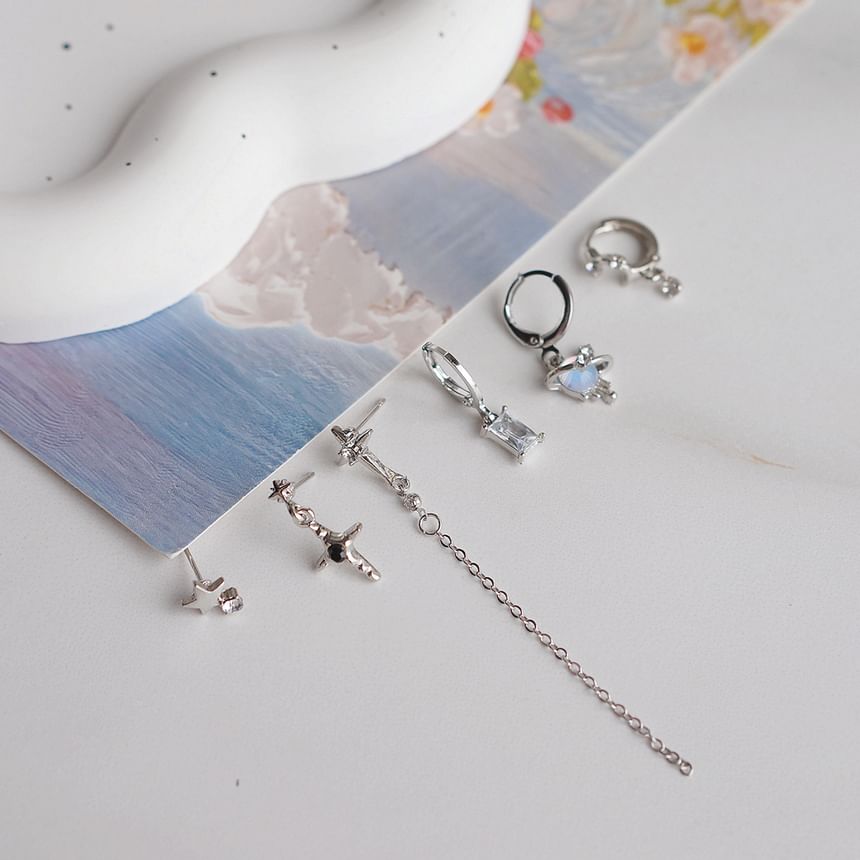 925 Earring Sterling Set Rhinestone Silver Drop of 6: + Huggie Dangle