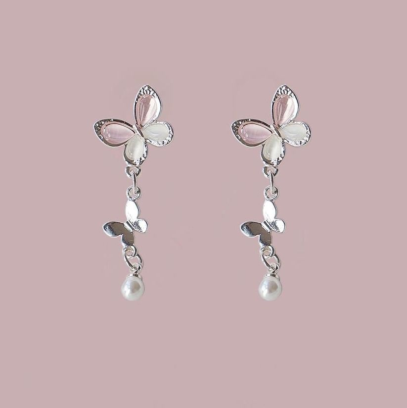 Faux Earring Silver / Sterling 925 Drop Clip-On Butterfly Pearl