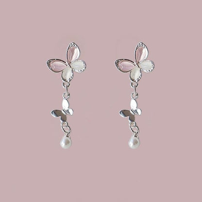 Faux Earring Silver / Sterling 925 Drop Clip-On Butterfly Pearl