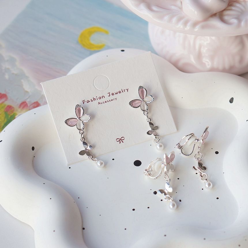 Faux Earring Silver / Sterling 925 Drop Clip-On Butterfly Pearl