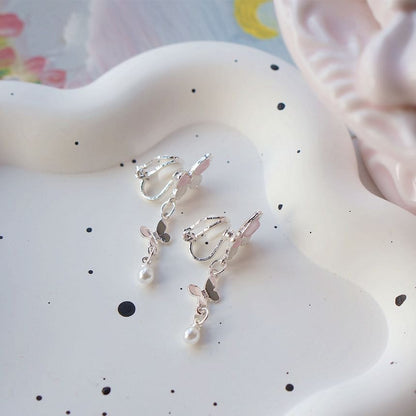 Faux Earring Silver / Sterling 925 Drop Clip-On Butterfly Pearl