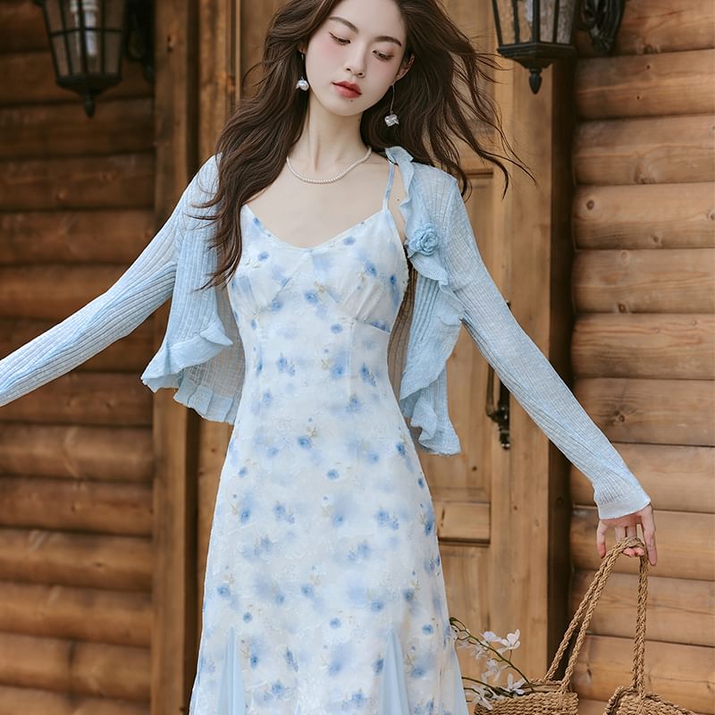 Spaghetti Strap V-Neck Floral Print Maxi A-Line Dress / Plain Ruffle Trim Sheer Crop Cardigan / Set
