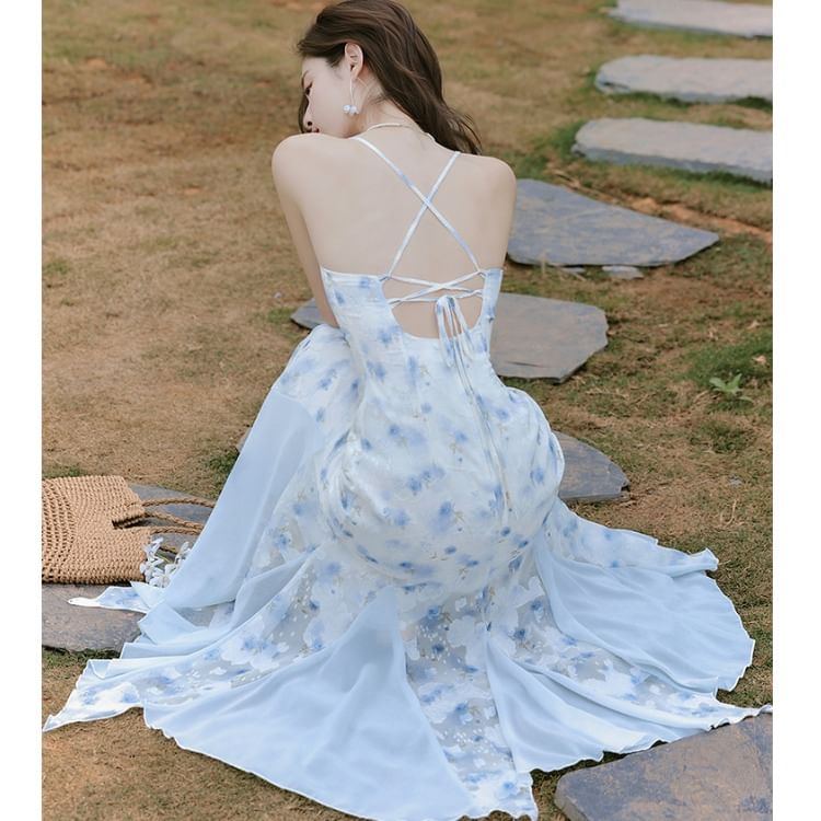 Spaghetti Strap V-Neck Floral Print Maxi A-Line Dress / Plain Ruffle Trim Sheer Crop Cardigan / Set