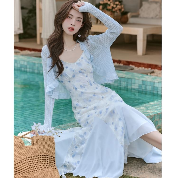 Spaghetti Strap V-Neck Floral Print Maxi A-Line Dress / Plain Ruffle Trim Sheer Crop Cardigan / Set