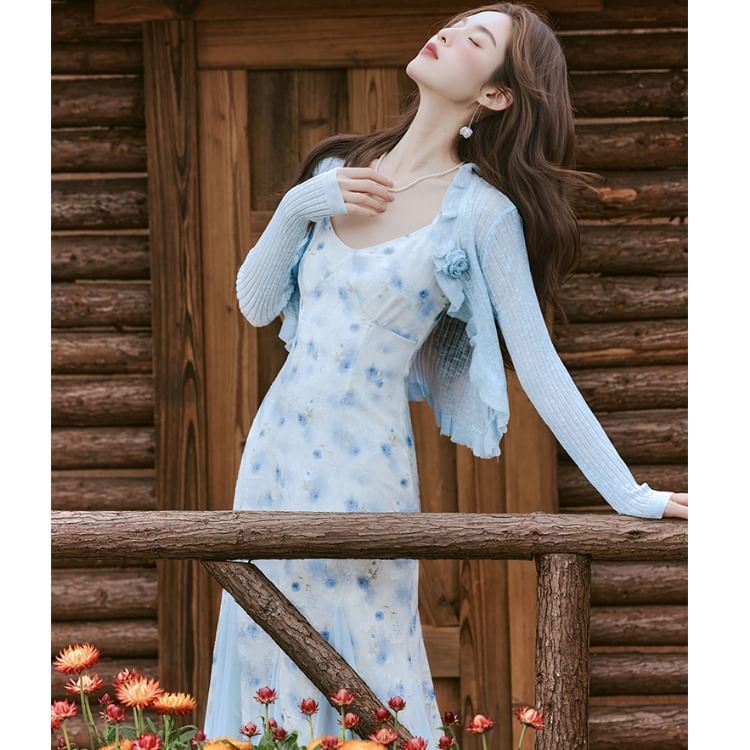 Spaghetti Strap V-Neck Floral Print Maxi A-Line Dress / Plain Ruffle Trim Sheer Crop Cardigan / Set