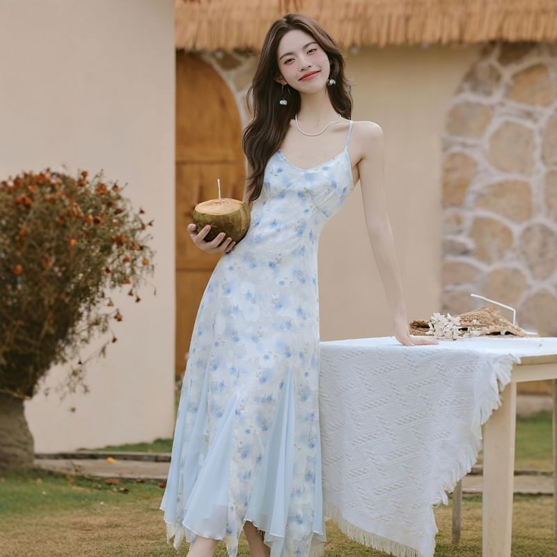 Spaghetti Strap V-Neck Floral Print Maxi A-Line Dress / Plain Ruffle Trim Sheer Crop Cardigan / Set