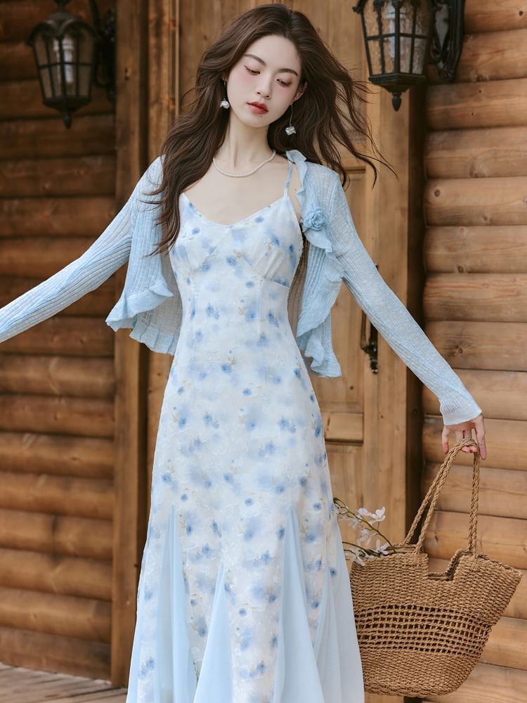 Spaghetti Strap V-Neck Floral Print Maxi A-Line Dress / Plain Ruffle Trim Sheer Crop Cardigan / Set