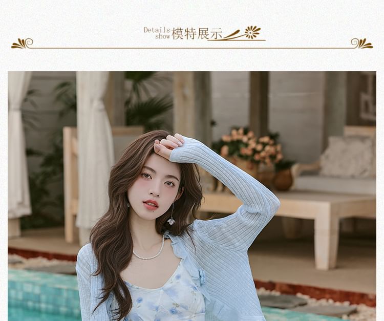 Spaghetti Strap V-Neck Floral Print Maxi A-Line Dress / Plain Ruffle Trim Sheer Crop Cardigan / Set