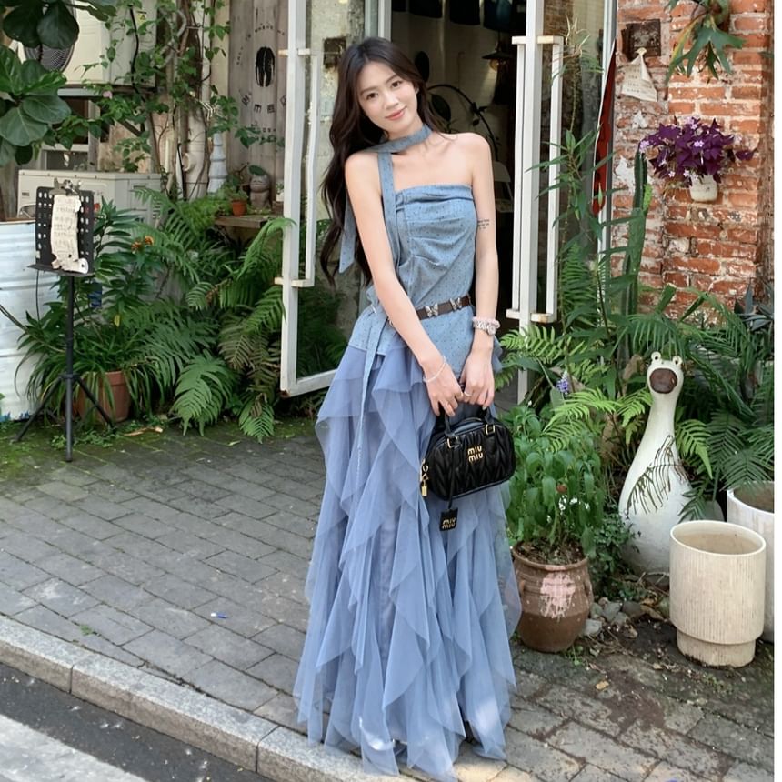 Dotted Asymmetrical Ruched Slit Tube Top / High Waist Plain Ruffle Mesh Maxi A-Line Skirt / Skinny Scarf / Belt / Set