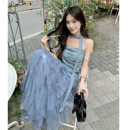 Dotted Asymmetrical Ruched Slit Tube Top / High Waist Plain Ruffle Mesh Maxi A-Line Skirt / Skinny Scarf / Belt / Set