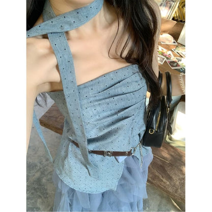 Dotted Asymmetrical Ruched Slit Tube Top / High Waist Plain Ruffle Mesh Maxi A-Line Skirt / Skinny Scarf / Belt / Set