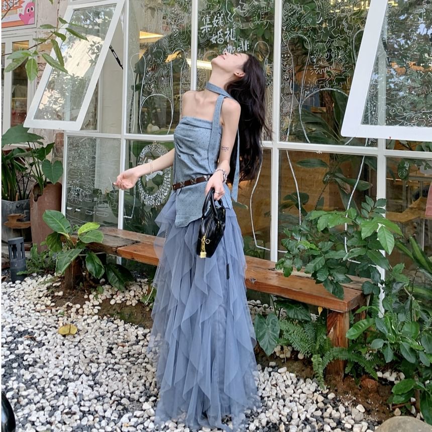 Dotted Asymmetrical Ruched Slit Tube Top / High Waist Plain Ruffle Mesh Maxi A-Line Skirt / Skinny Scarf / Belt / Set