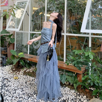 Dotted Asymmetrical Ruched Slit Tube Top / High Waist Plain Ruffle Mesh Maxi A-Line Skirt / Skinny Scarf / Belt / Set