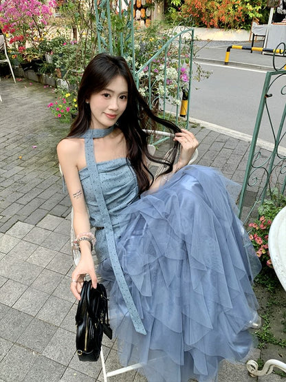 Dotted Asymmetrical Ruched Slit Tube Top / High Waist Plain Ruffle Mesh Maxi A-Line Skirt / Skinny Scarf / Belt / Set