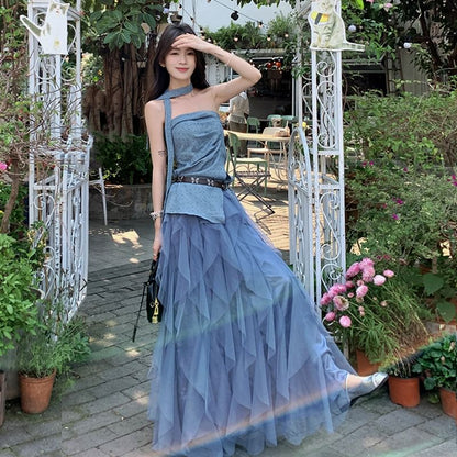 Dotted Asymmetrical Ruched Slit Tube Top / High Waist Plain Ruffle Mesh Maxi A-Line Skirt / Skinny Scarf / Belt / Set