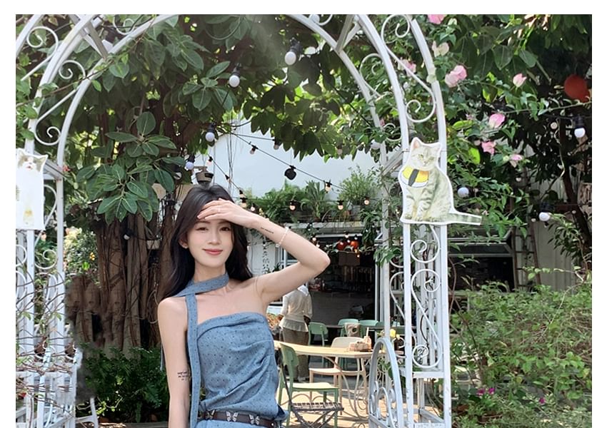 Dotted Asymmetrical Ruched Slit Tube Top / High Waist Plain Ruffle Mesh Maxi A-Line Skirt / Skinny Scarf / Belt / Set