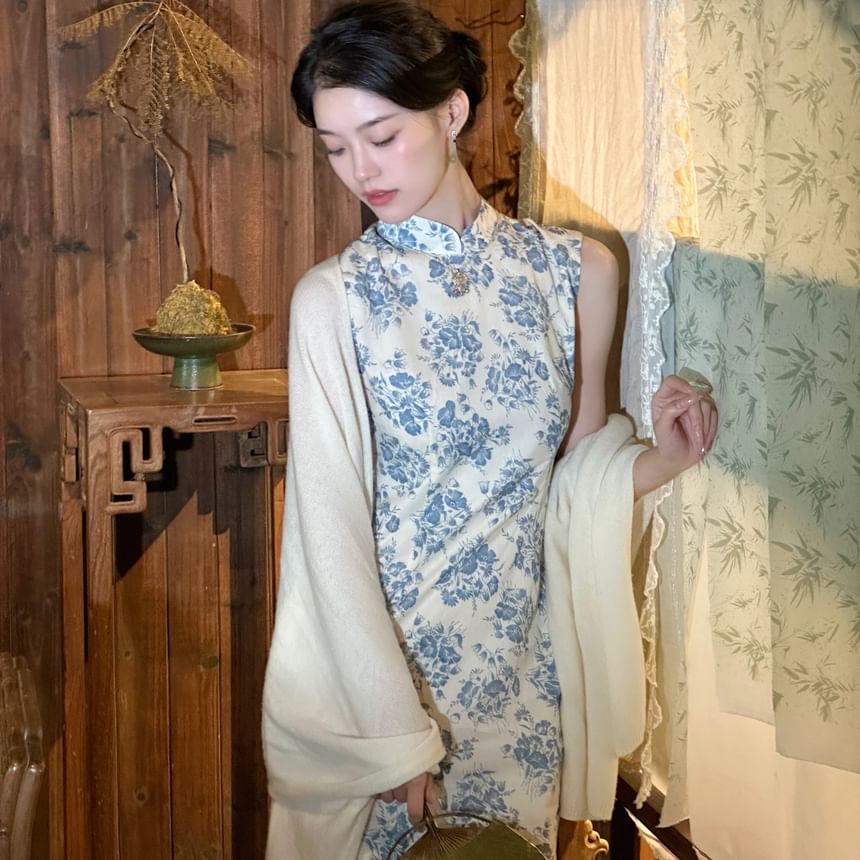 Sleeveless Stand Collar Floral Print Slit Maxi Sheath Qipao / Plain Shawl