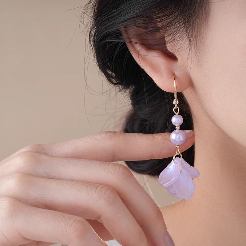 Earring Petal Faux Pearl Alloy Dangle