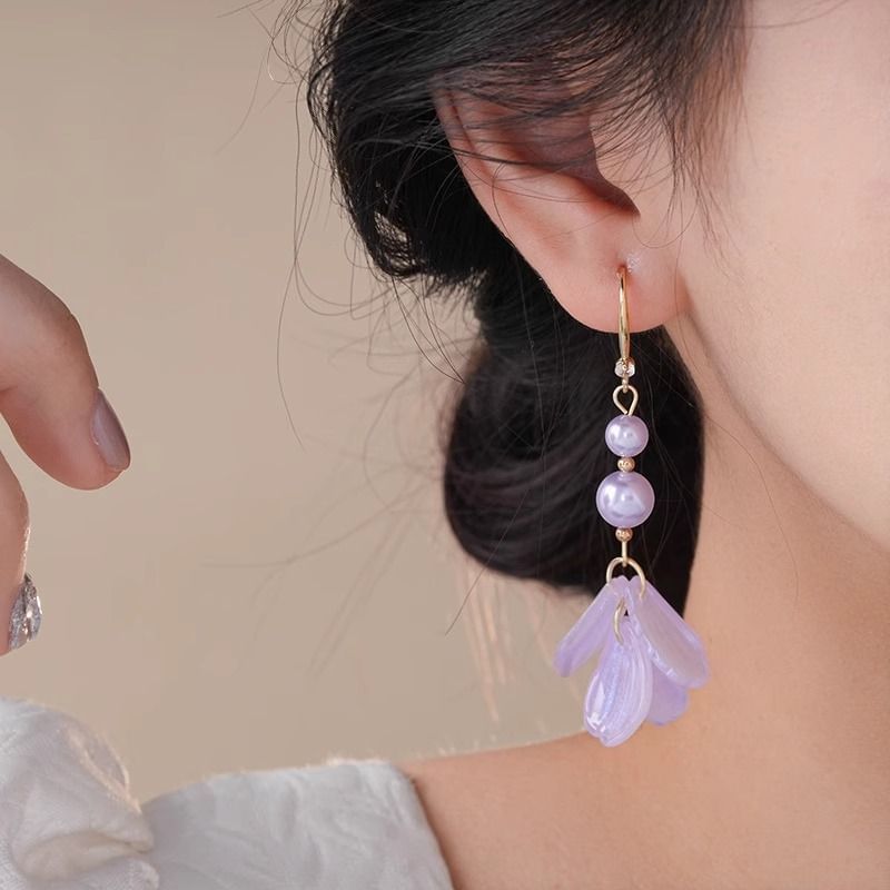 Earring Petal Faux Pearl Alloy Dangle