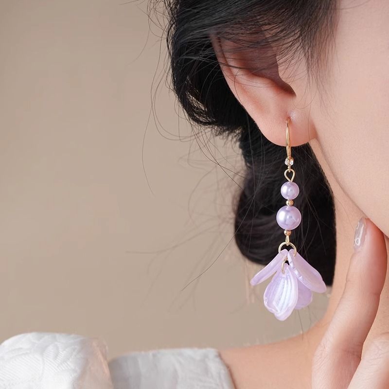 Earring Petal Faux Pearl Alloy Dangle