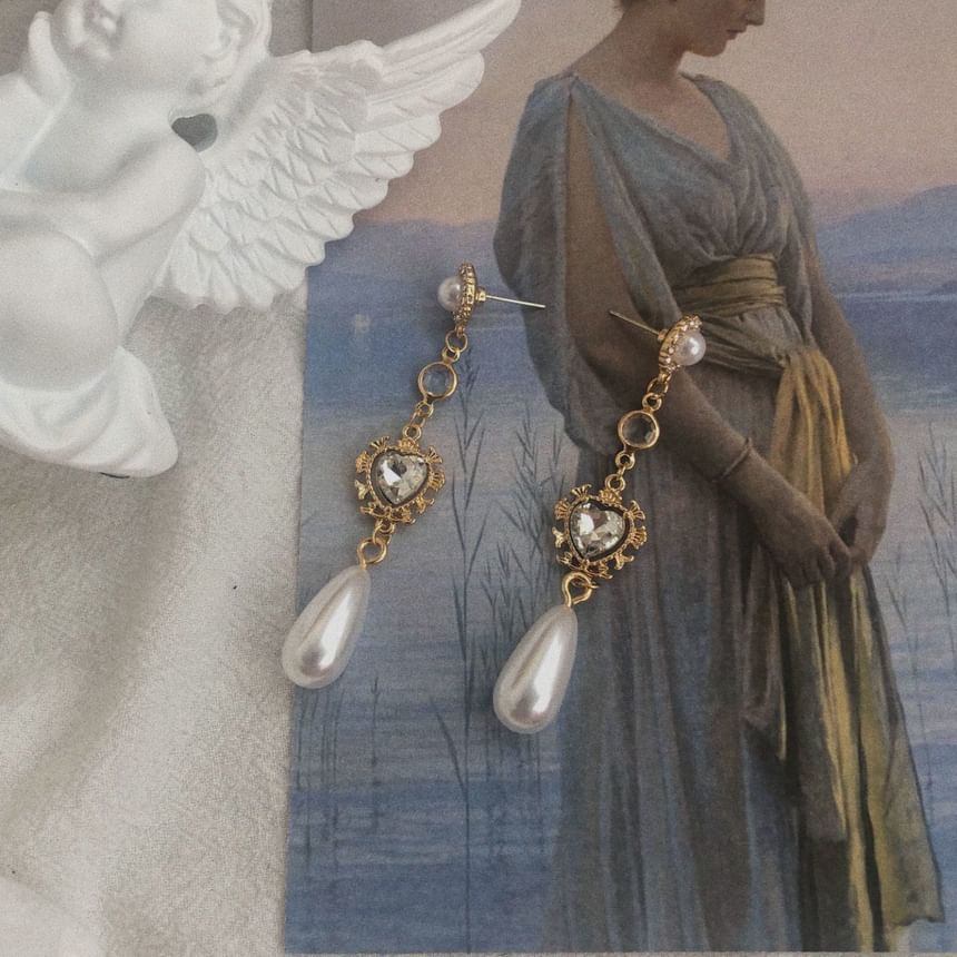 Earring Heart Rhinestone Alloy Dangle Pearl Faux