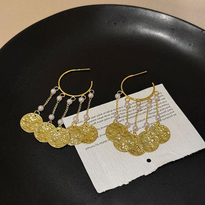 Faux Textured Earring Disc Chandelier Pearl Alloy