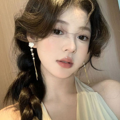 Faux Pearl Floral Threader Alloy Earring