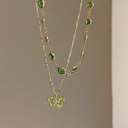 Station Butterfly Rhinestone Layered Necklace