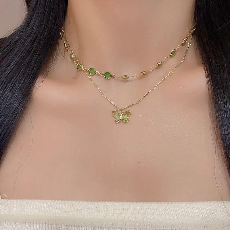 Station Butterfly Rhinestone Layered Necklace