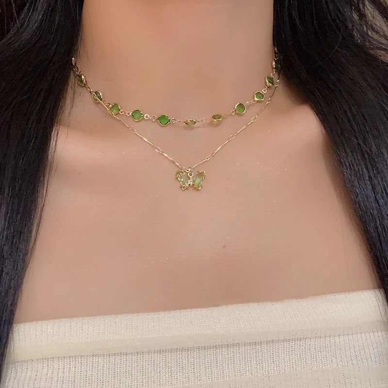 Station Butterfly Rhinestone Layered Necklace
