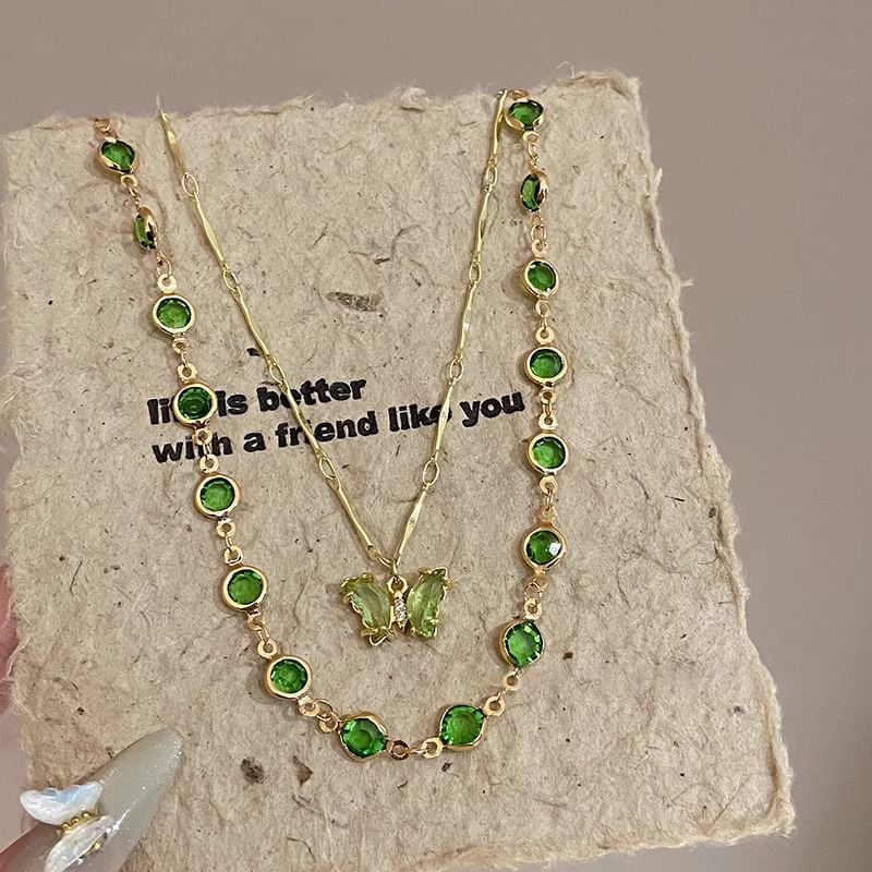 Station Butterfly Rhinestone Layered Necklace