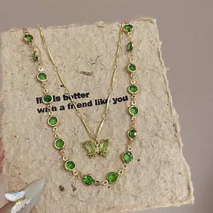 Station Butterfly Rhinestone Layered Necklace