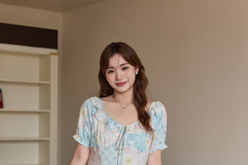 Short-Sleeve Collar Floral Bow Midi A-Line Dress / Sleeveless Sundress