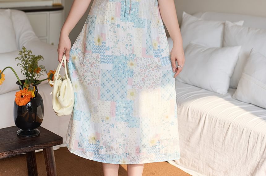 Short-Sleeve Collar Floral Bow Midi A-Line Dress / Sleeveless Sundress