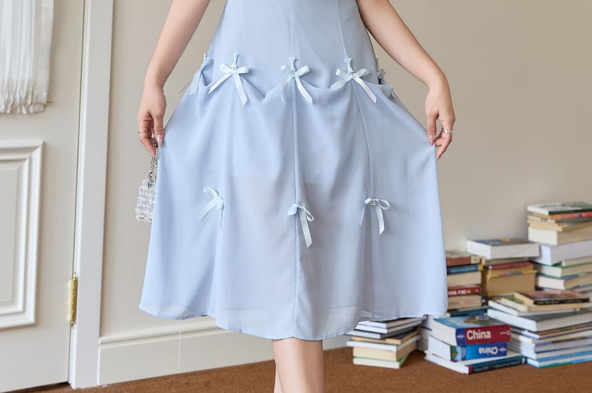 Spaghetti Strap / Short-Sleeve Plain Bow Midi A-Line Dress