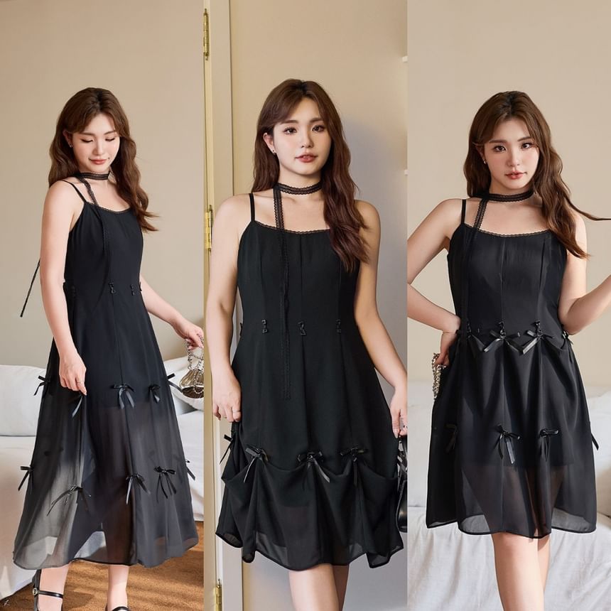 Spaghetti Strap / Short-Sleeve Plain Bow Midi A-Line Dress