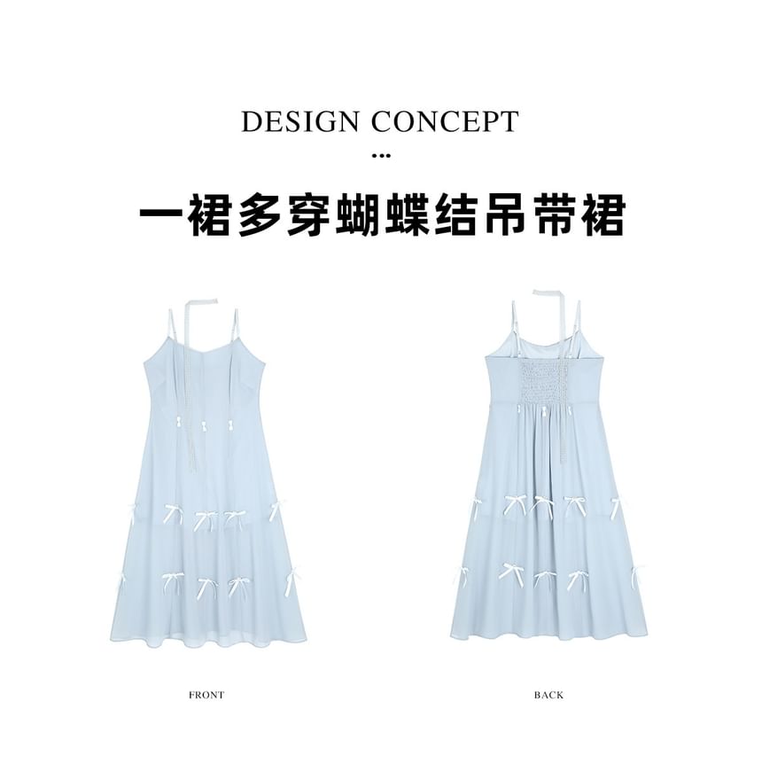 Spaghetti Strap / Short-Sleeve Plain Bow Midi A-Line Dress