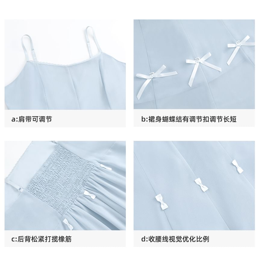 Spaghetti Strap / Short-Sleeve Plain Bow Midi A-Line Dress