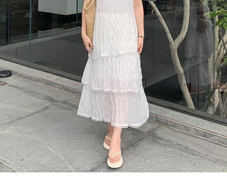 Spaghetti Strap Plain Tiered Midi A-Line Dress