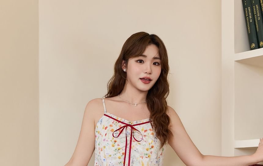 Spaghetti Strap Floral Bow Ruffle Trim A-Line Sundress