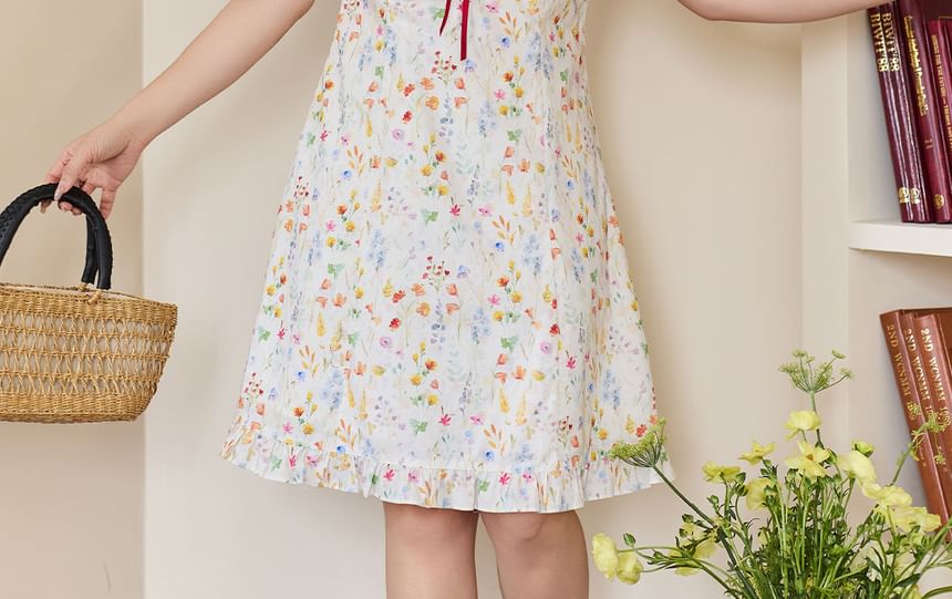 Spaghetti Strap Floral Bow Ruffle Trim A-Line Sundress