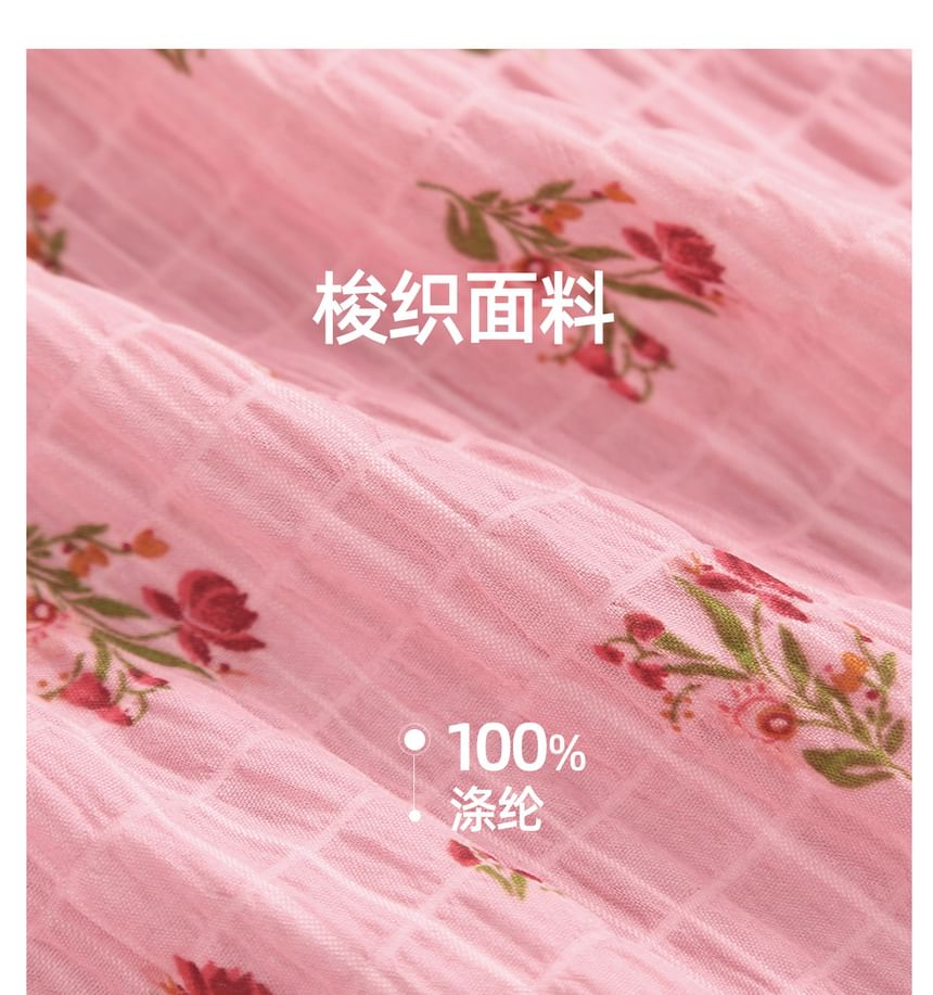 Short-Sleeve Square Neck Floral Bow Blouse