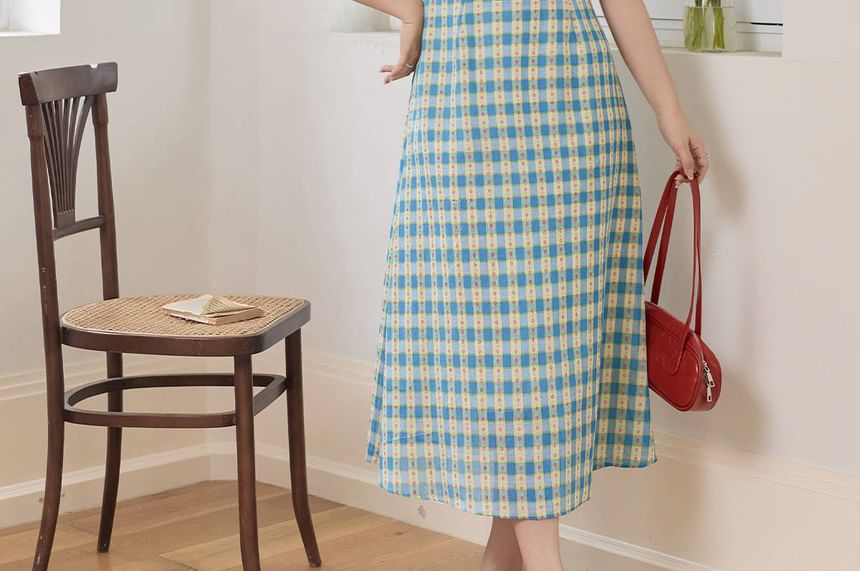 Spaghetti Strap Plaid Bow Midi A-Line Dress