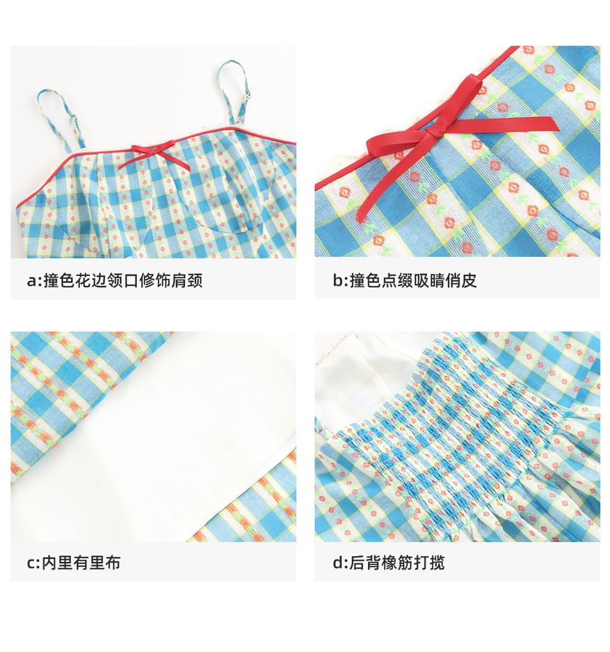 Spaghetti Strap Plaid Bow Midi A-Line Dress