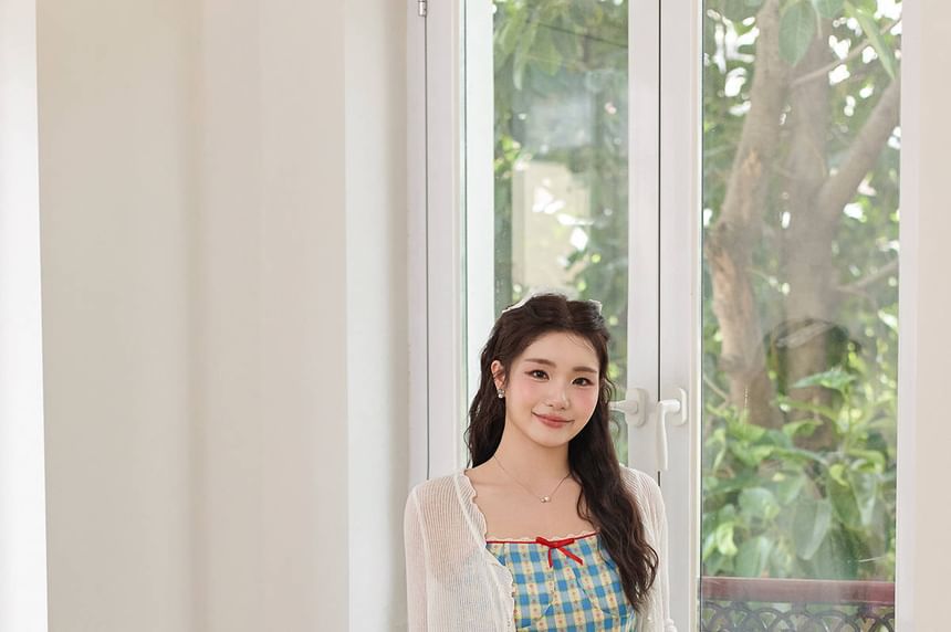 Spaghetti Strap Plaid Bow Midi A-Line Dress