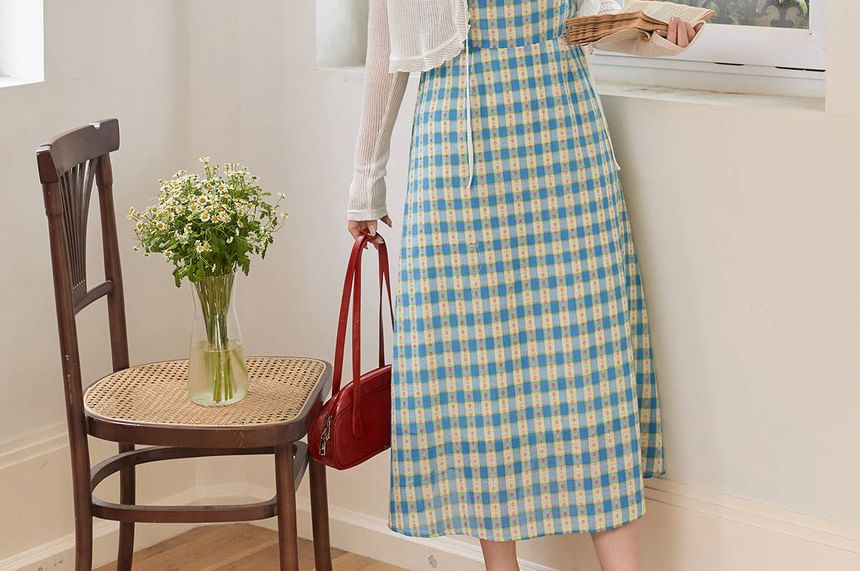 Spaghetti Strap Plaid Bow Midi A-Line Dress