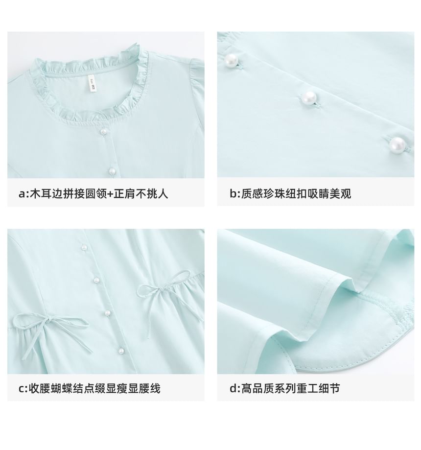 Short-Sleeve Crew Neck Plain Bow Blouse