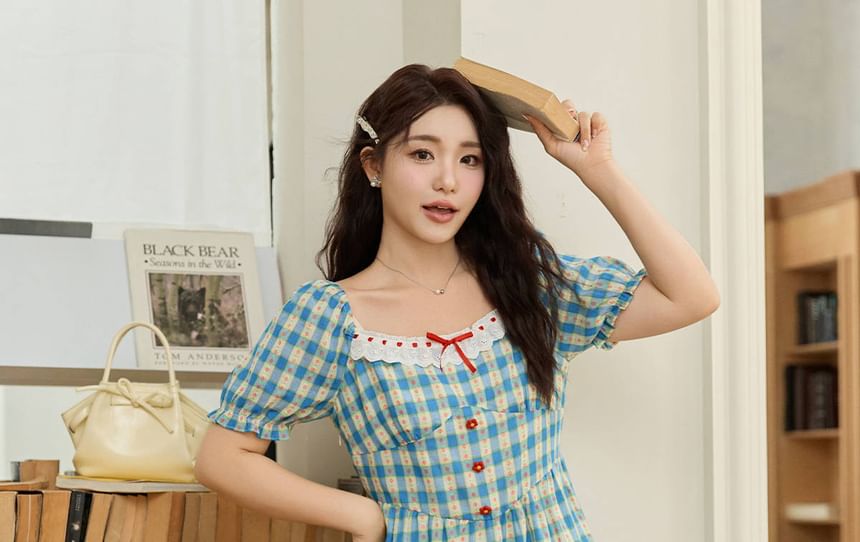Short-Sleeve Square Neck Plaid Bow A-Line Dress (Various Designs)